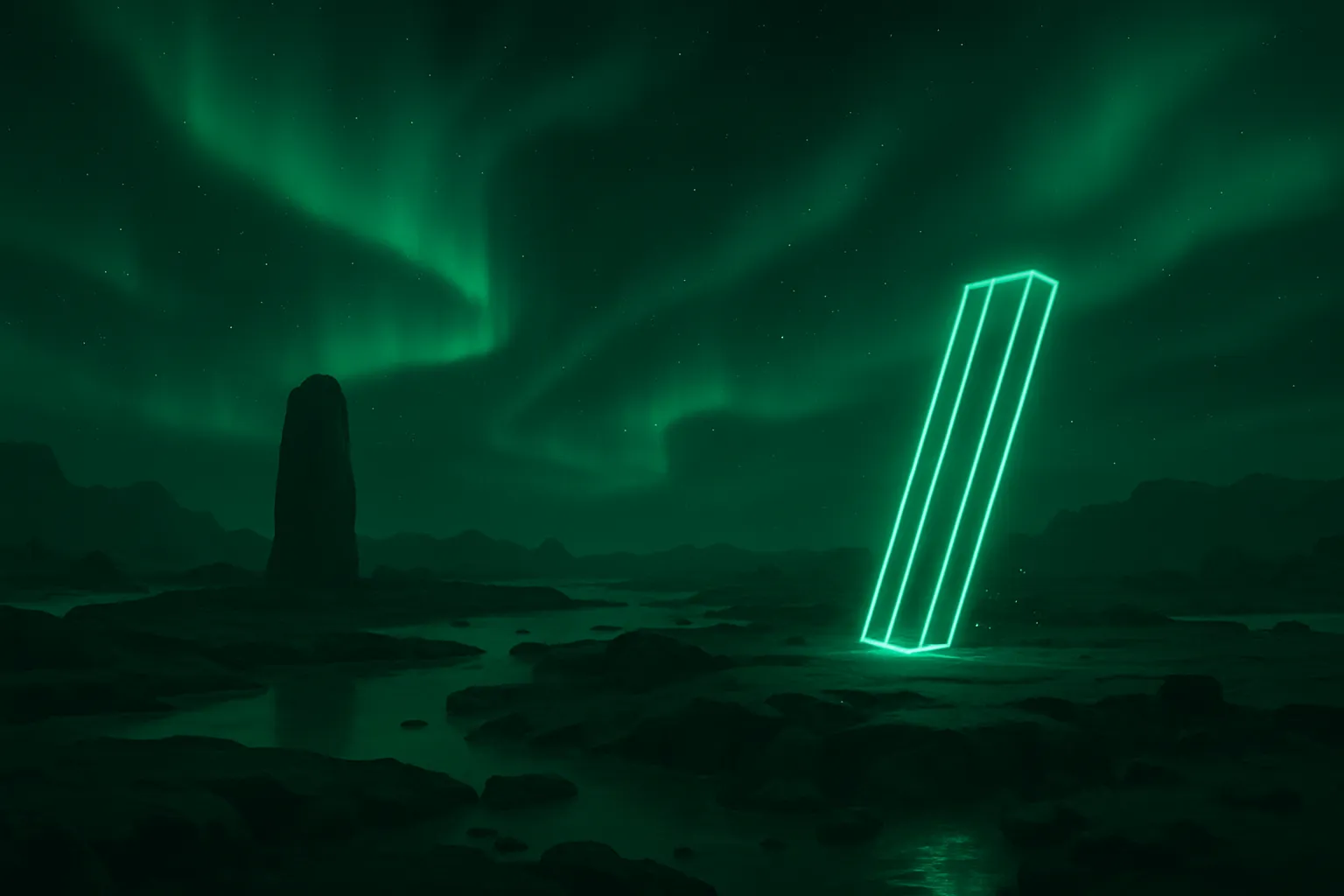 Futuristic sci-fi landscape with glowing neon-green monolithic structure and aurora borealis in a dark starry sky